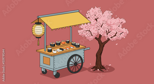Sushi cart next to blooming cherry tree