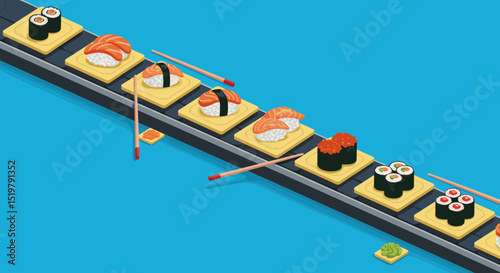 Sushi conveyor belt with salmon and tuna