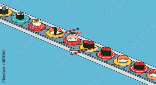 Sushi conveyor belt with assorted nigiri and rolls