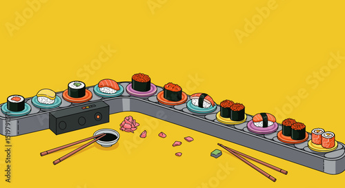 Sushi conveyor belt with assorted rolls and ginger