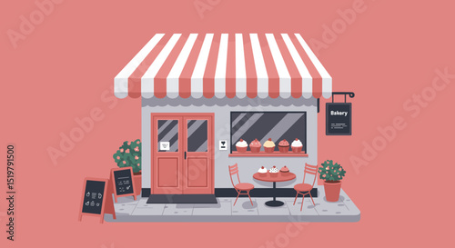 Sweet bakery shop with outdoor table scene