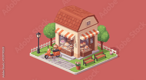 Sweet bakery shop with scooter and seating
