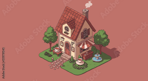 Tea house isometric cartoon drawing