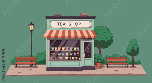 Tea shop storefront scene with benches and streetlight