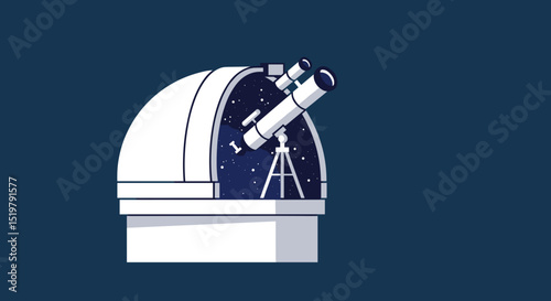 Telescope inside dome observing stars in space