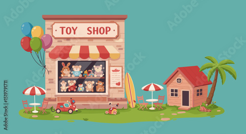 Toy shop with house and palm tree