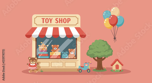 Toy shop with tree and balloon outdoor scene