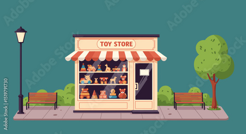 Toy store facade with toys and street view