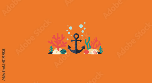 Underwater life with anchor sea shell corals