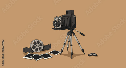 Vintage camera film roll and photographs equipment