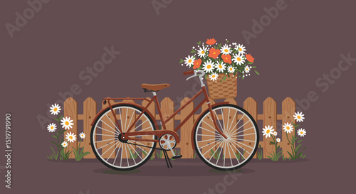 Vintage bicycle with flower basket near picket fence