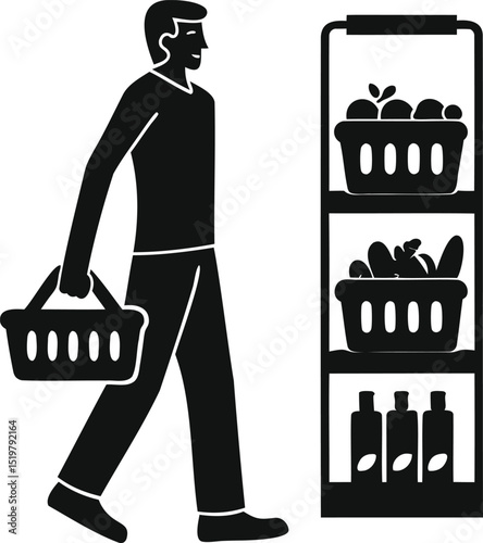 Vector black silhouette of a man shopping in a grocery store, holding a basket near product shelves, representing retail shopping, food buying, supermarket visit, and consumer activity