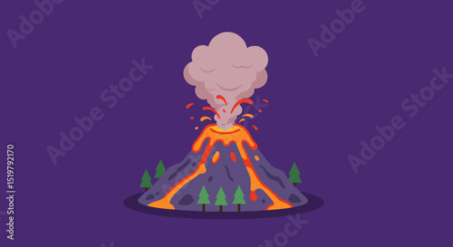 Volcano eruption with lava and smoke cartoon