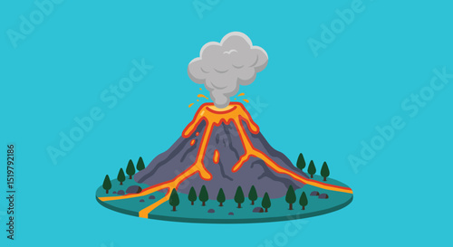 Volcano eruption with lava trees and smoke