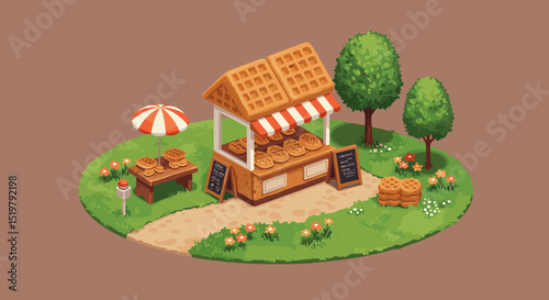 Waffle stand in park with trees and flowers