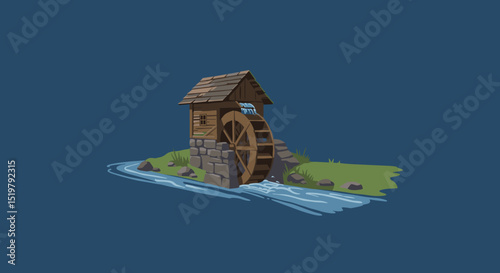 Watermill building by river cartoon nature scene