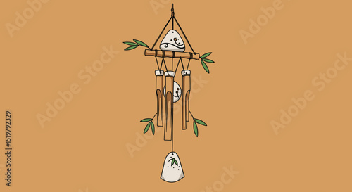 Wind chime hanging with bamboo and leaves