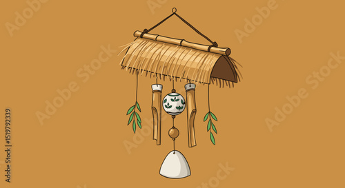 Wind chime hanging with straw and bamboo element