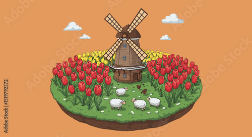 Windmill farm with sheep and tulip garden
