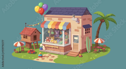 Whimsical toy store by the beach artwork