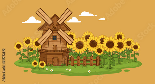 Windmill and sunflower field cartoon landscape scene