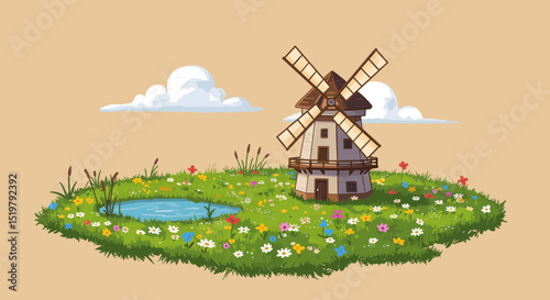 Windmill on field with flowers and pond