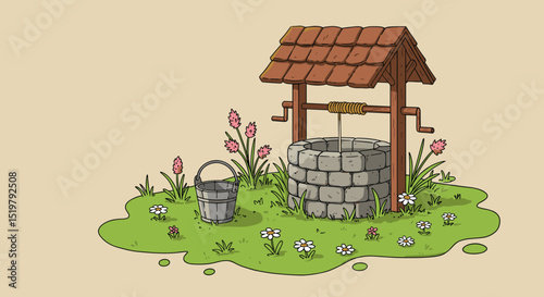 Wishing well landscape with bucket and flower garden