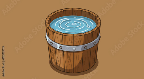 Wooden bucket filled with water creating ripples