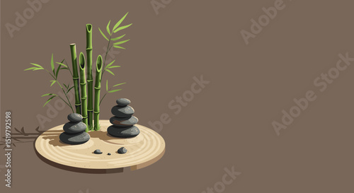 Zen garden scene with bamboo and stones