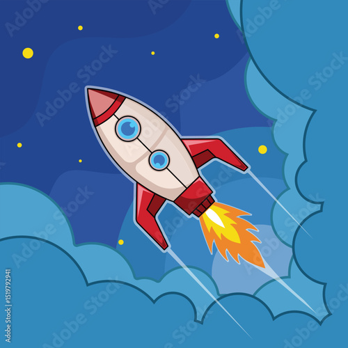 rocket launch into space vector illustration template graphic design . outer space exploration with stars and cloud sky for astronomy and science technology idea concept with backgrounds in flat style