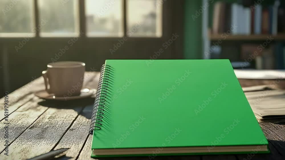 Green spiral notebook on wooden table