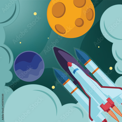 rocket launch into space vector illustration template graphic design . outer space exploration with stars and moon planet for astronomy and science technology idea  with backgrounds in flat style