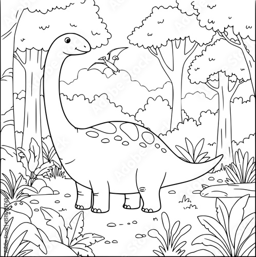 Dinosaur vector illustration featuring tree with floral leaf pattern border design, grunge and vintage on black silhouette background