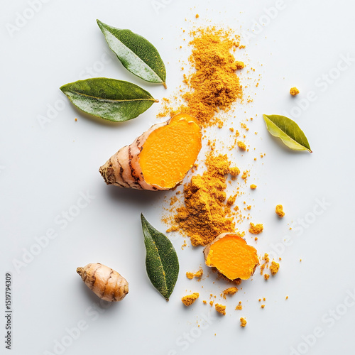 Fresh turmeric root powder and green leaves on white surface showing culinary and medicinal concepts