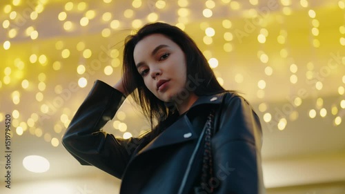 Young woman in a leather jacket posing confidently under magical festive lights, showcasing style and fashion. The warm bokeh background evokes a sense of celebration and elegance. Stylish Woman