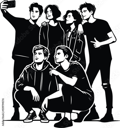Friends Taking a Selfie Together Vector Illustration