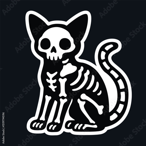 Skeleton cat with skull face illustration, cartoon vector art