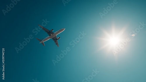 快晴の空を飛ぶ旅客機と太陽