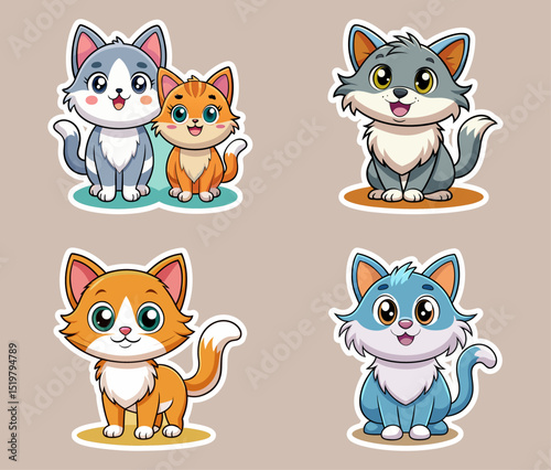 A set of bundle of stickers with funny and cute cats adorable funny pet and many characters hand drawn collection for T-shirt,sticker,