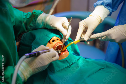 Dentist at work or Concentrated specialist removing tooth stone from client's teeth using ultrasonic scaler. Professional painless teeth cleaning at modern dental