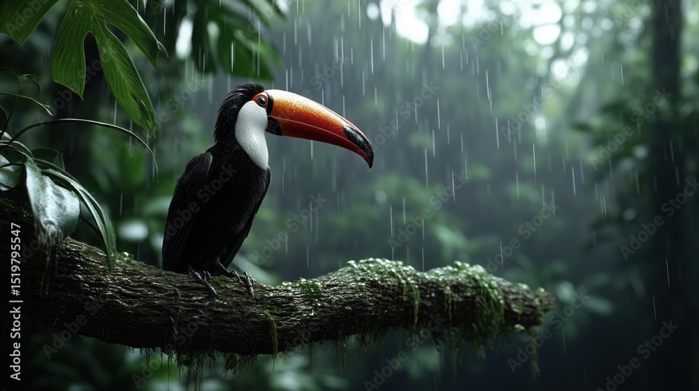 Fototapeta premium Toco toucan perched on a branch in the rainforest during rain