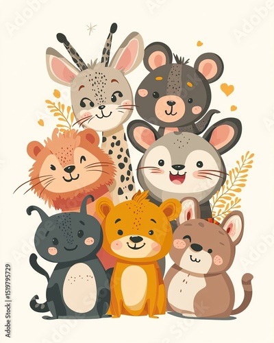 Wallpaper Mural A vibrant illustration featuring a joyful group of cute cartoon animals, perfect for children's decor, products, or educational materials. Torontodigital.ca