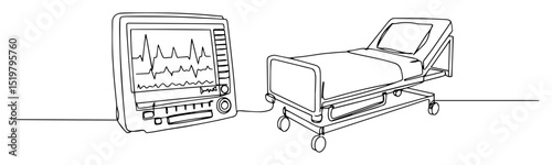 hospital bed and monitor line art intensive care unit equipment minimal vector illustration