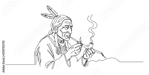 native american man smoking pipe line art traditional culture minimal vector illustration