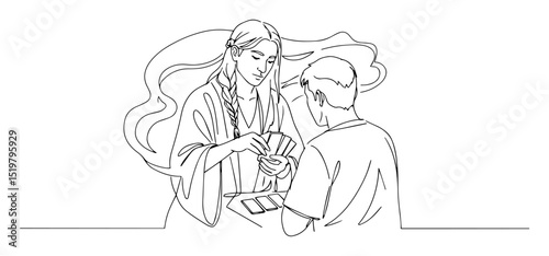 gypsy woman reading palm line art hand fortune telling scene minimal vector illustration