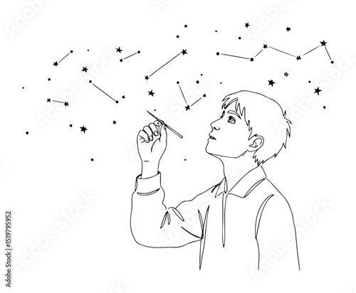boy drawing constellations line art child imagining stars minimal vector illustration