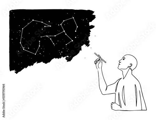 man painting stars in night sky line art constellations and imagination minimal vector illustration