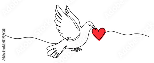 dove carrying heart black and white vector illustration