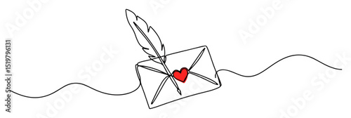 love letter and feather pen – continuous line romantic drawing