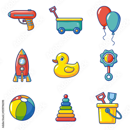 Cute toys icons for kids: water gun, cart, balloon, rocket, rubber duck, ball